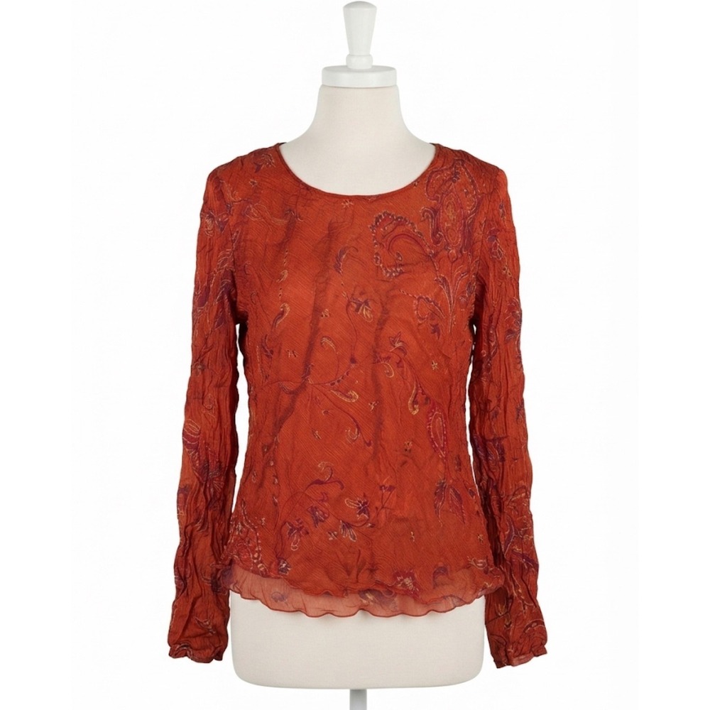 Doncaster Silk Blend Paisley Crinkle Blouse Burnt Orange Long Sleeve Top Size 16